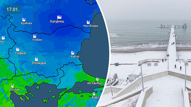 Отляво: Температурна карта с минималните температури за събота Отдясно: снимка на снеговалеж на плажа в Бургас