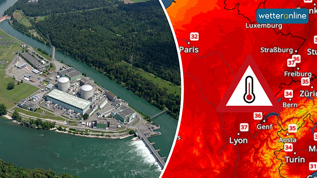 Links ein Luftbild eines Atomkraftwerks, rechts das TemperaturRadar, das große Hitze anzeigt.