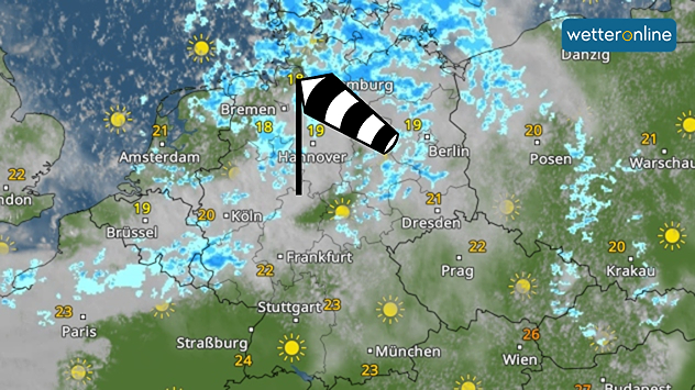 Zu sehen ist eine Wetterkarte für Deutschland und die Nachbarländer. Über Norddeutschland ziehen viele Regenwolken hinweg. Dazu weht vor allem rund um Hamburg ein kräftiger bis stürmischer Wind. Richtung Süden wird es dagegen freundlicher: Dort scheint häufiger die Sonne und es bleibt meist trocken. Die Temperaturen liegen zwischen etwa 18 Grad im Norden und 26 Grad im Raum Wien.