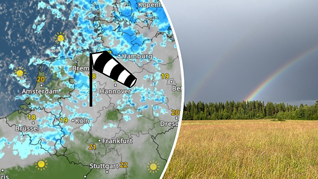 Zu sehen ist eine geteilte Wettergrafik. Links zeigt eine Wetterkarte für Deutschland viele Wolken und Regen vor allem im Norden und Westen sowie ein Windsack-Symbol für kräftigen Wind. Im Süden scheint häufiger die Sonne. Rechts spannt sich nach einem Regenschauer ein Regenbogen über eine Wiesen- und Waldlandschaft.