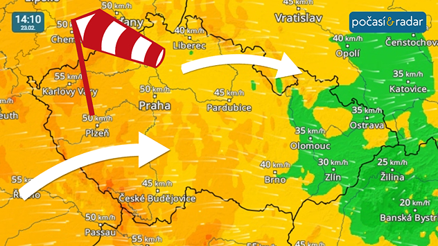 Větrný radar, screenshot, 23. 2. 14:10: Během pondělí v Česku vane až čerstvý západní vítr. V dalších dnech již vítr zeslábne.