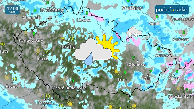 Meteoradar, screenshot, 24. 2. 12:00: Během úterý se budou v Česku vyskytovat přeháňky, které budou od vyšších poloh většinou sněhové.