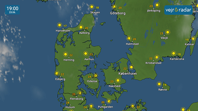 VejrRadar over Danmark kl. 19.00 den 23. juni med solrigt sommervejr og temperaturer over 20 grader.