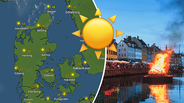 VejrRadar over Danmark med solrigt sommervejr kombineret med Sankt Hans-bål ved Nyhavn i København.