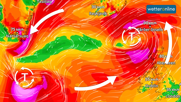 Ein riesiger Tiefdruckkomplex überdeckt den Atlantik. An seinen Rändern bilden sich immer wieder starke Orkantiefs.