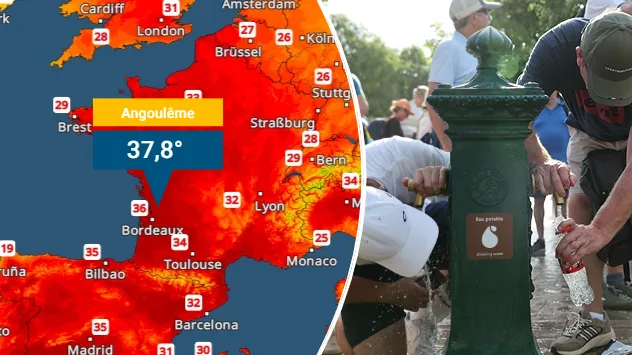 Kombinationsbild mit TemperaturRadar und Trinkbrunnen. Das TemperaturRadar zeigt Höchstwerte vom Donnerstag mit bis zu 37,8 Grad in Frankreich, während Menschen an einem Brunnen Wasser zur Abkühlung nutzen.