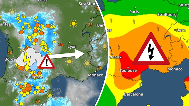 Une carte météo indique un risque de tempête, notamment dans certaines régions de France et d'Italie