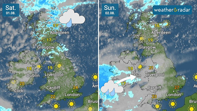 Split satellite weather maps comparing Saturday 01.08 and Sunday 02.08 across the UK and Ireland. Saturday brings widespread showers across Scotland with brighter weather elsewhere, while Sunday sees rain moving into southwest Ireland and scattered showers across western Britain, with sunshine developing in northern Scotland and southern England.