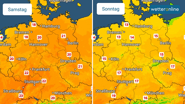 Zwei Temperaturkarten von Deutschland zeigen höhere Werte am Samstag und etwas niedrigere Höchsttemperaturen am Sonntag.