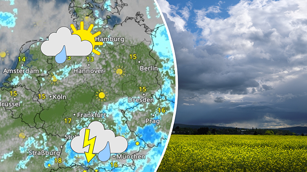 Wetterkarte mit Schauern und Gewittern über Deutschland neben Foto einer Landschaft mit dunklen Regenwolken über gelbem Feld