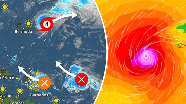 Links zeigt die Wetterkarte mehrere Tropenstürme und einen Hurrikan der Kategorie 4 im Atlantik. Rechts ist eine Nahaufnahme des Hurrikans mit einem klar erkennbaren Auge in Rot- und Lilatönen dargestellt.