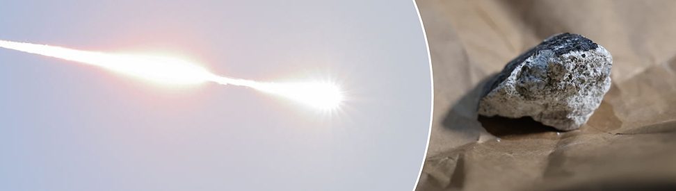 Feuerkugel mit Leuchtspur am Himmel und daneben ein kleiner Meteorit auf Papier. Collage aus Meteoritenflug und gefundenem Gesteinsfragment. (c) Jennifer Hell/dpa
