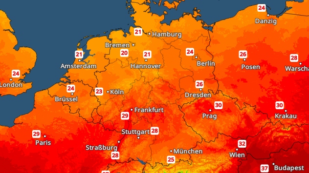 Temperaturkarte mit Tageshöchstwerten: In Norddeutschland meist 20 bis 24 Grad, im Süden deutlich heißer mit 28 Grad in Stuttgart und 29 Grad in Frankfurt.