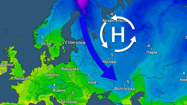 Карта Європи з циклоном над Росією та сильним потоком холодного повітря до Східної Європи. Почуття охолодження в більшій частині східних регіонів.