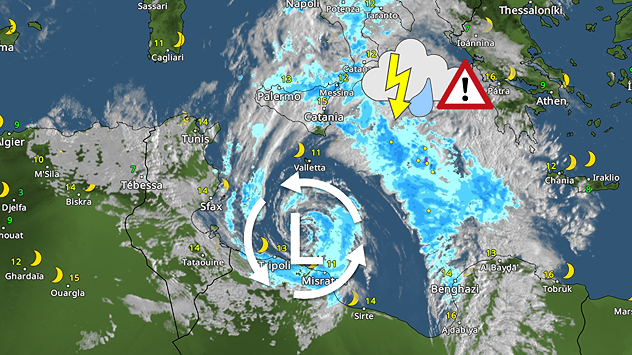 Vejrkort over Middelhavet med kraftigt lavtryk, regn, torden og varsel om uvejr.