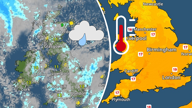 Split UK map showing scattered showers and cloud on the left with rain bands in blue, and a temperature map on the right with orange tones and values around 17 to 19 degrees, plus a thermometer icon.