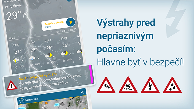Telefón s aplikáciou Počasie & Radar, v ktorej sa zobrazí v prípade potreby upozornenie pred búrkou, silným vetrom, silným dažďom a poľadovicou.