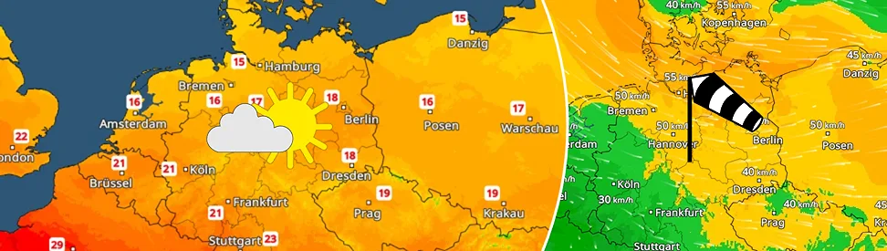 Wetterkarte von Mitteleuropa mit Temperaturen. Über Deutschland liegen die Werte meist zwischen 15 °C im Norden und 23 °C im Süden. Ein Symbol mit Sonne hinter einer Wolke kennzeichnet freundliches, teils wolkiges Wetter über der Mitte des Landes. Über Norddeutschland zeigt ein Windsack mäßigen Wind an. Westlich und südwestlich von Deutschland ist es deutlich wärmer, mit Temperaturen bis nahe 30 °C in Frankreich. In Polen liegen die Werte überwiegend zwischen 16 und 19 °C, in Österreich um 23 °C.