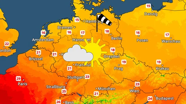 Wetterkarte von Mitteleuropa mit Temperaturen. Über Deutschland liegen die Werte meist zwischen 15 °C im Norden und 23 °C im Süden. Ein Symbol mit Sonne hinter einer Wolke kennzeichnet freundliches, teils wolkiges Wetter über der Mitte des Landes. Über Norddeutschland zeigt ein Windsack mäßigen Wind an. Westlich und südwestlich von Deutschland ist es deutlich wärmer, mit Temperaturen bis nahe 30 °C in Frankreich. In Polen liegen die Werte überwiegend zwischen 16 und 19 °C, in Österreich um 23 °C.