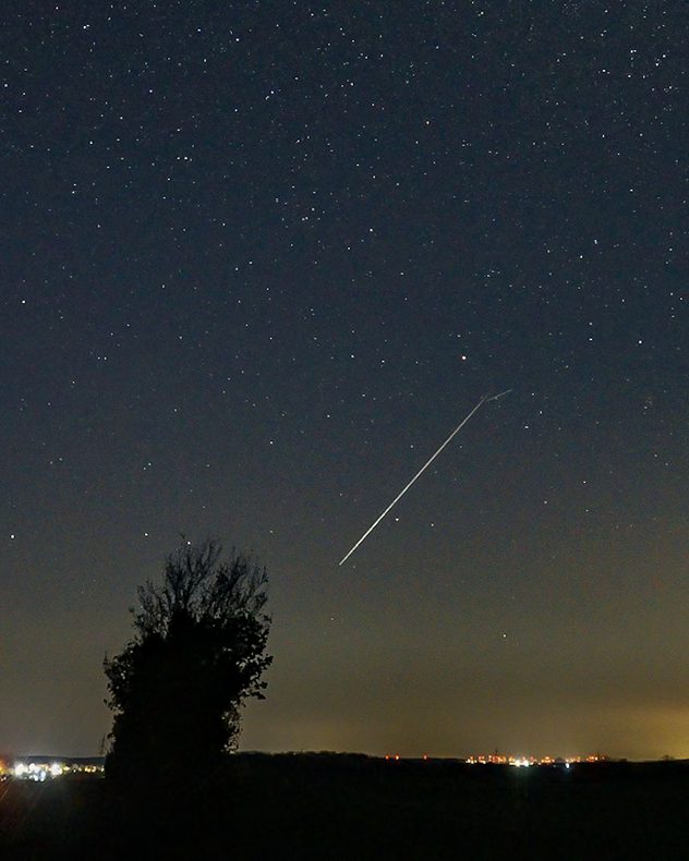 Bright meteor streaking diagonally across a clear star-filled night sky above a dark horizon, with a silhouetted tree and distant city lights glowing below.