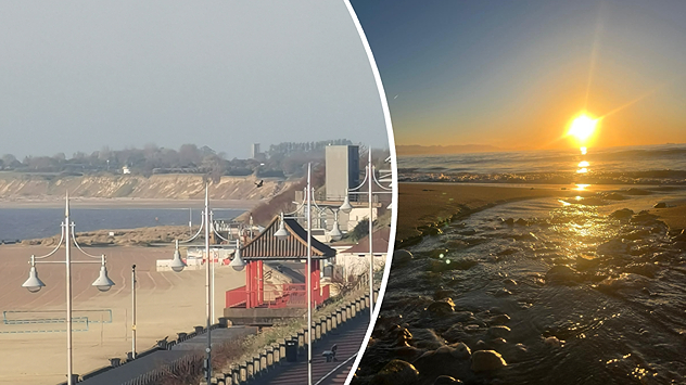 Split image showing a coastal promenade with beach huts and lampposts under hazy daylight on the left, and a bright sunrise over a rocky shoreline with golden reflections on the water on the right.