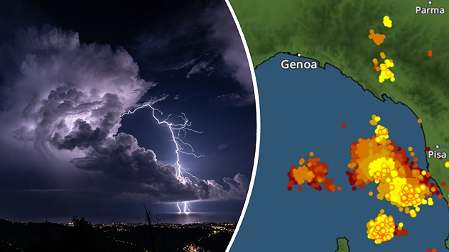 On the left, massive thunderclouds are gathering at night, with several flashes of lightning streaking from them. On the right, a map shows the Ligurian coast near Genoa and Savona. Numerous coloured dots over the Ligurian Sea and along the coast indicate lightning activity.