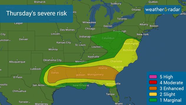 Thursday's severe risk includes Dallas, Austin, through Atlanta. 