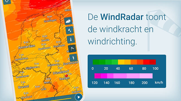 Een kaart van de windradar van de Weer & Radar app inclusief legenda. De windradar toont de windkracht en windrichting en heeft ook een voorspellingsfunctie voor de komende uren.