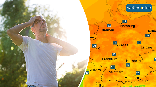 Links ein Mann, der den Schweiß von der Stirn wischt. Rechts eine Wetterkarte für Deutschland, die einen hohen Taupunkt zeigt.