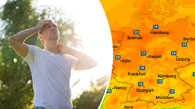 Links ein Mann, der den Schweiß von der Stirn wischt. Rechts eine Wetterkarte für Deutschland, die einen hohen Taupunkt zeigt.