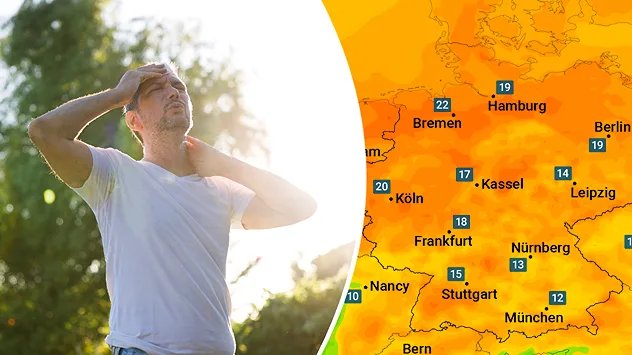 Links ein Mann, der den Schweiß von der Stirn wischt. Rechts eine Wetterkarte für Deutschland, die einen hohen Taupunkt zeigt.