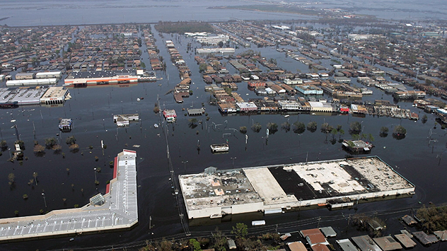 Aerial view of New Orleans, large parts of the city are under water after the hurricane.