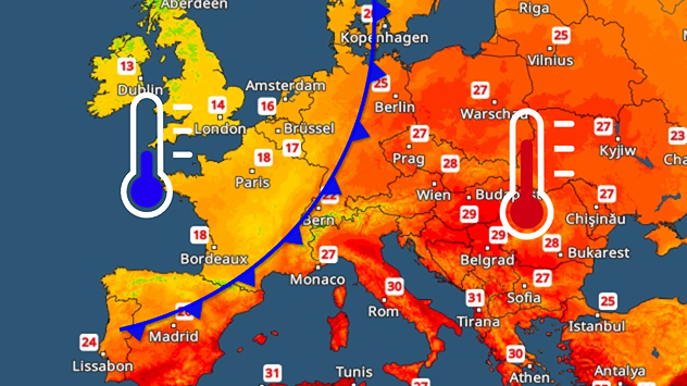 La carte météo montre un front froid s'étendant de la France à la Scandinavie, avec des températures plus basses à l'ouest. En Europe de l'Est et en Europe du Sud, il fait toujours très chaud, avec des températures pouvant atteindre 30 degrés.