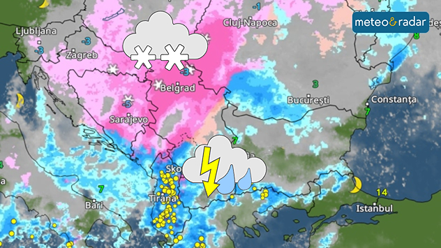 Radarul meteo arată ninsoare, ploaie înghețată, ploaie și furtuni în toată regiunea Balcanilor, de la nord la sud.