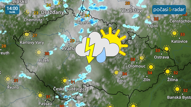 Meteoradar, screenshot, 16. srpna 14:00: V neděli již u nás bude přibývat oblačnosti. V Čechách se i mírně ochladí a začnou se zde objevovat přeháňky/bouřky.