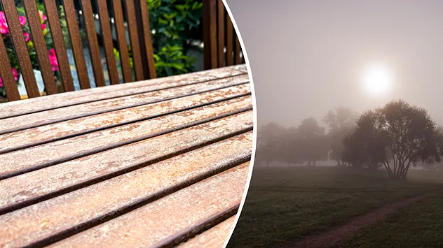 Links: Gartentisch mit Saharastaub. Rechts: Vom Saharastaub getrübter Himmel.