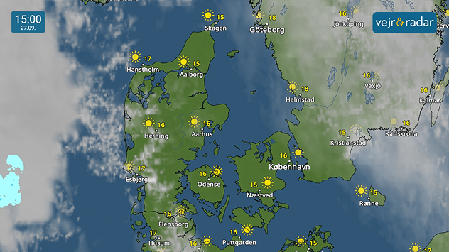 Vejrkort viser solrigt efterårsvejr over Danmark med temperaturer omkring 15-17 grader.