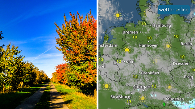 © Gabriele Klein Herbstliche Landschaft mit bunten Bäumen und daneben Wetterkarte für Deutschland mit Sonne-Wolken-Symbolen und Temperaturen um 10 bis 13 Grad.