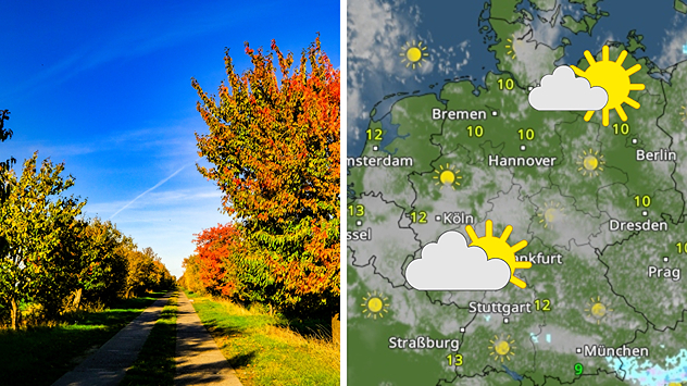 Herbstliche Landschaft mit bunten Bäumen und daneben Wetterkarte für Deutschland mit Sonne-Wolken-Symbolen und Temperaturen um 10 bis 13 Grad.