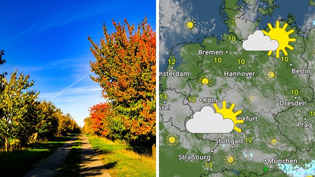 Herbstliche Landschaft mit bunten Bäumen und daneben Wetterkarte für Deutschland mit Sonne-Wolken-Symbolen und Temperaturen um 10 bis 13 Grad. (c) Gabriele Klein