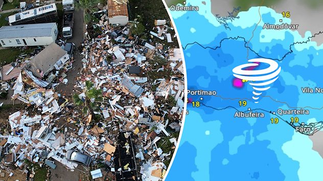 Zerstörung durch Tornado neben Wetterkarte mit Markierung bei Portimão. (c) dpa