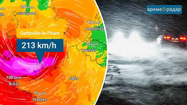 Вляво картата на вятъра показва ураганни пориви над Ламанша. Вдясно сняг и силен вятър затрудняват видимостта по пътя.