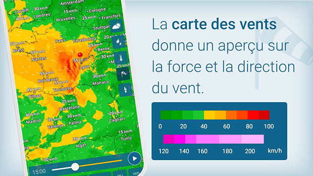 La carte des vents donne un aperçu sur la force et la direction du vent.
