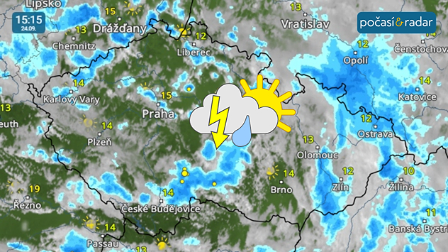 Meteoradar, screenshot, 24. září 15:15: Ve čtvrtek u nás panuje proměnlivá oblačnost s poměrně četnými přeháňkami, v Čechách se objevují i bouřky.