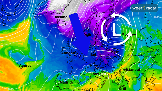 De Europese weerkaart voor volgende week dinsdag toont een koud weertype met een noordelijke stroming, die van oorsprong arctische lucht aanvoert.