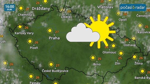 Meteoradar, screenshot, 1. 9. 16:00: První zářijový den do Česka přináší slunečné a teplé počasí. Západ Čech začne později večer ovlivňovat studená fronta.