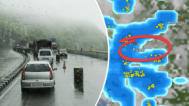 Heavy rainfall in Pune, with wet roads and vehicles moving cautiously on a rain-soaked highway.