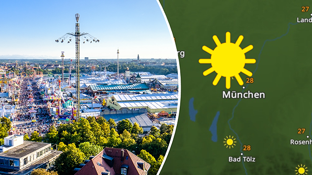 Links das Münchner Oktoberfestgelände von oben, rechts die Wetterkarte mit Sonne und 28 °C in München.