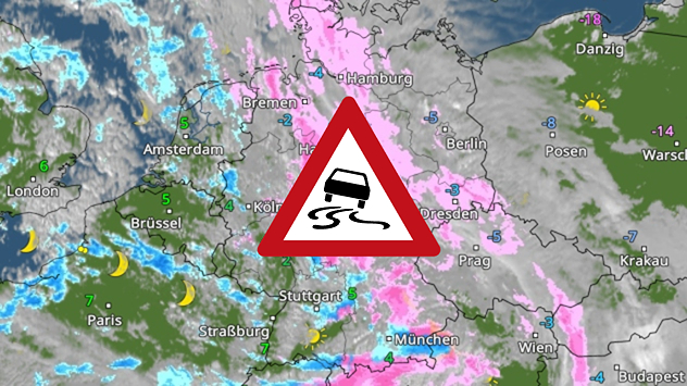 Wetterkarte mit Schneefall über weiten Teilen Deutschlands. Rosa markierte Gebiete zeigen winterliche Niederschläge bei Minusgraden.