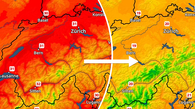 TemperaturRadar der Schweiz mit Vergleich: zunächst über 30 Grad, später nur noch um 20 Grad.